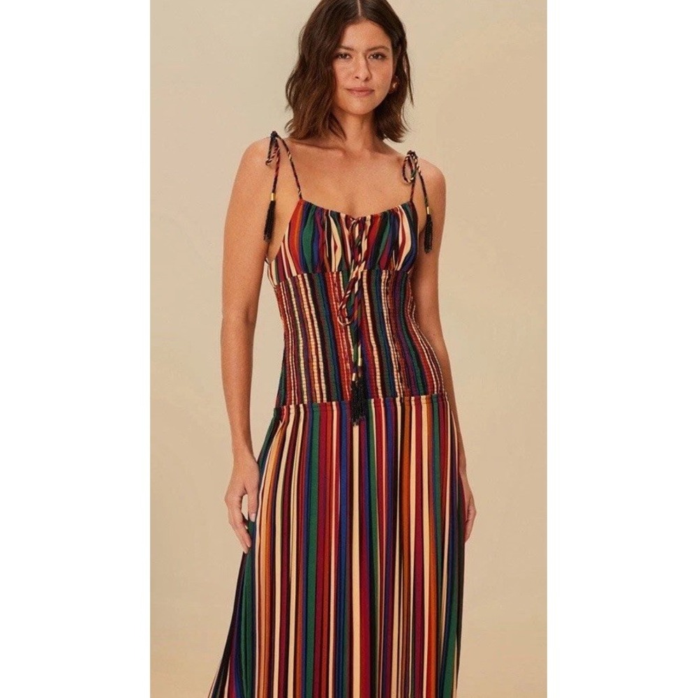 NWT FARM RIO Multicolor Pipa Stripes Midi Dress Sleeveless XS‎ New $280 Gorgeous
